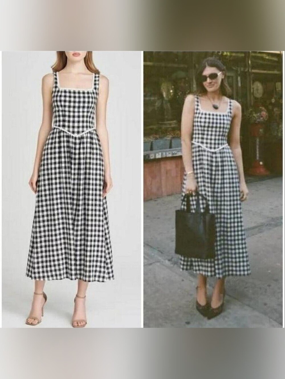 WAYF Gingham Check Sleeveless Midi Dress Brown White Sz L